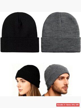 2 Pack Unisex Cuffed Beanie Hats, Warm Acrylic Knit Skull Caps for Winter